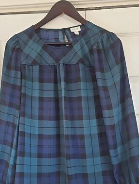 Moving Sale! J. Crew Teal and Navy Plaid Peasant Blouse XS